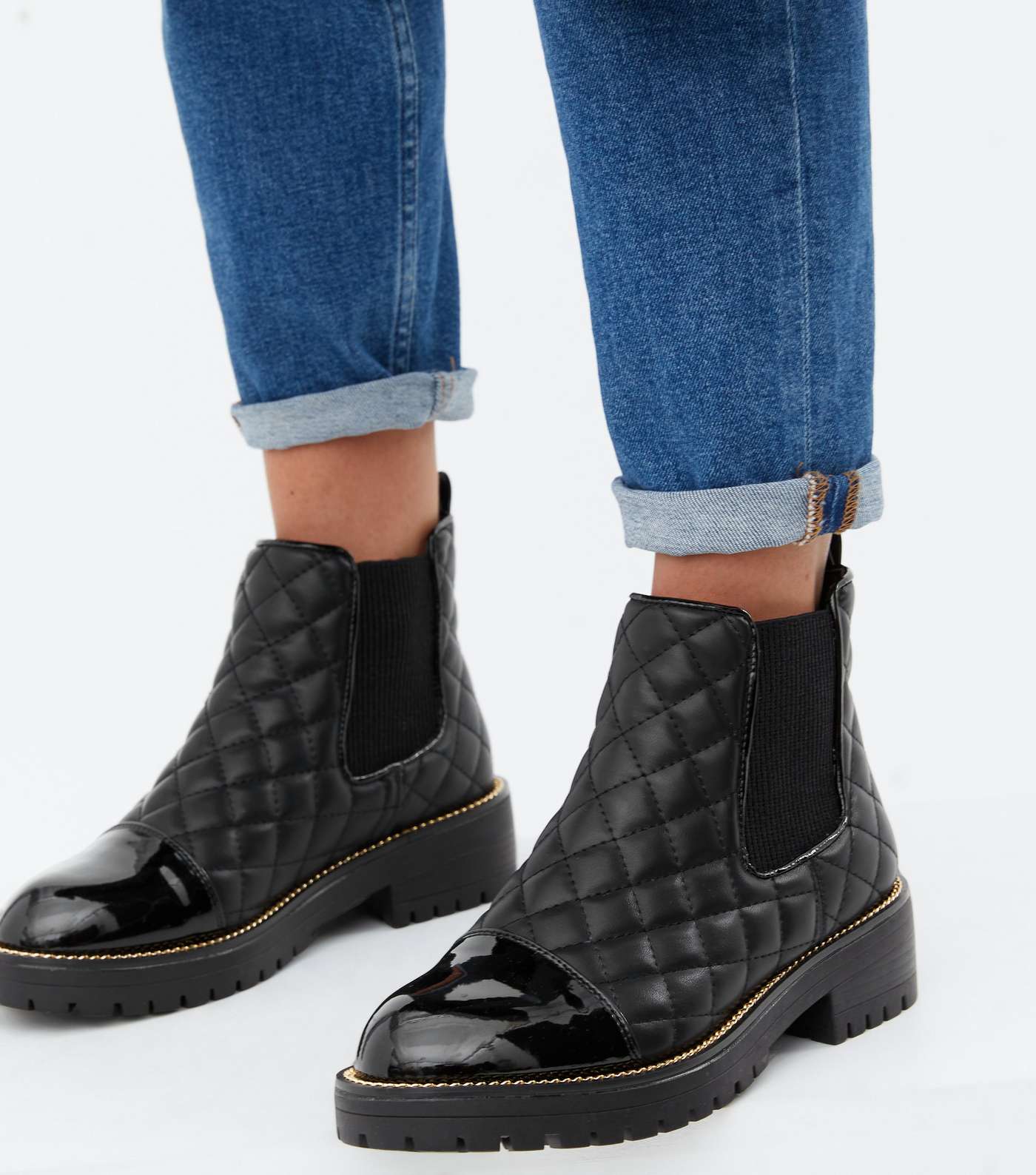 Black Quilted Chain Trim Chunky Chelsea Boots Image 2