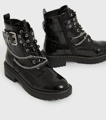 shop for Wide Fit Black Faux Croc Chain Chunky Boots New Look Vegan at Shopo