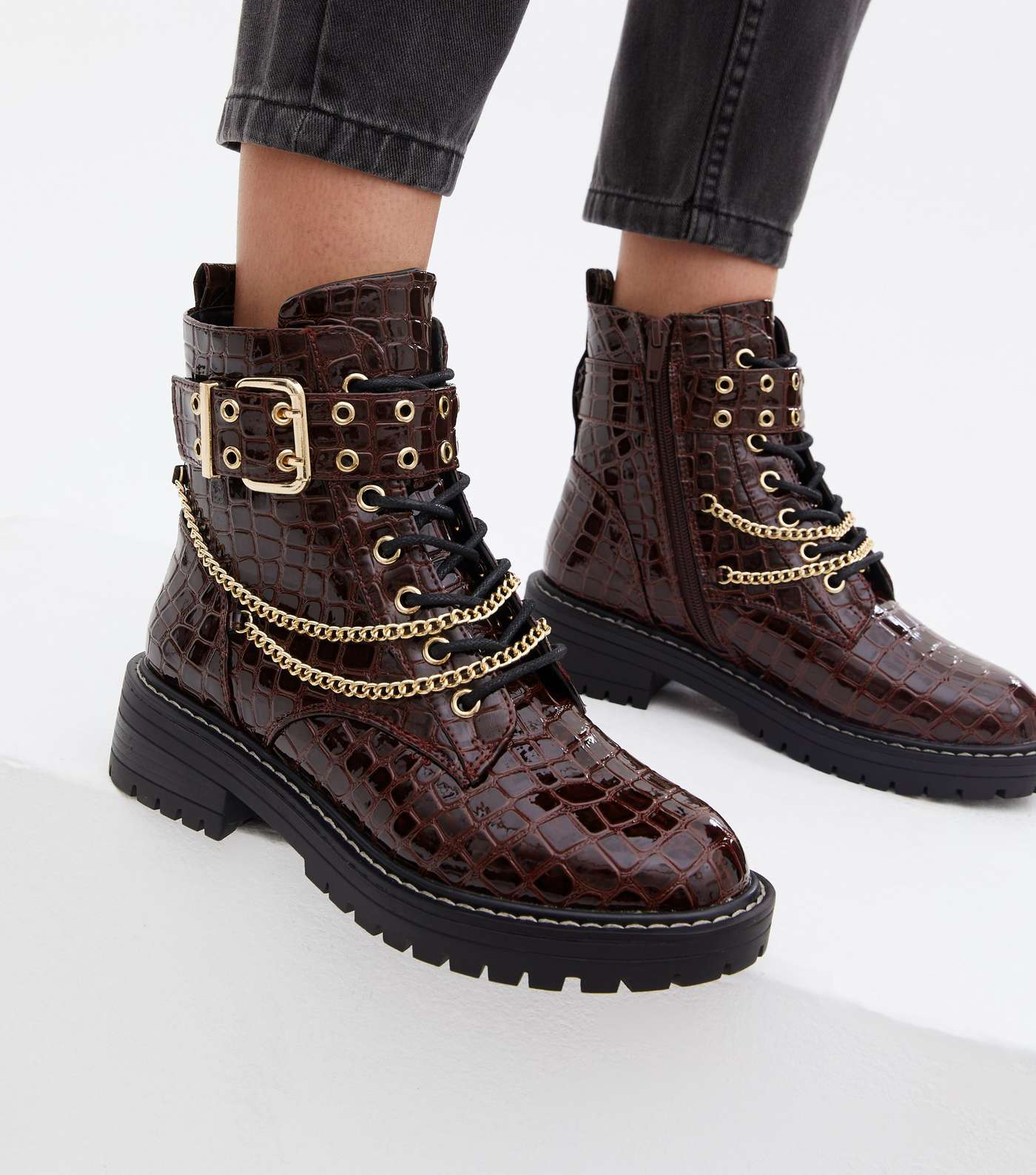 Wide Fit Dark Red Faux Croc Chain Chunky Boots Image 2