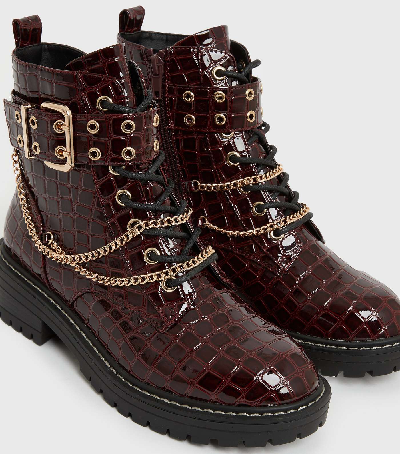 Wide Fit Dark Red Faux Croc Chain Chunky Boots Image 4