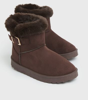 shop for Dark Brown Suedette Faux Fur Trim Ankle Boots New Look Vegan at Shopo