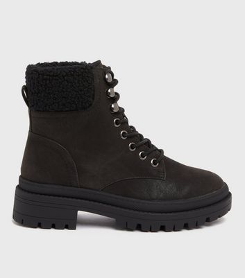 Black Faux Shearling Lace Up Chunky Boots