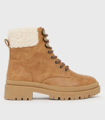 shop for Tan Faux Shearling Lace Up Chunky Boots New Look Vegan at Shopo