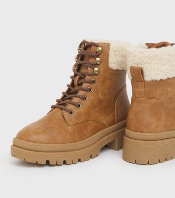 Womens Shoes Boots Ankle boots New Look Leather Faux Shearling Lace Up Chunky Boots Vegan in Tan Brown 