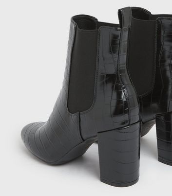 shop for Black Faux Croc Block Heel Ankle Boots New Look Vegan at Shopo
