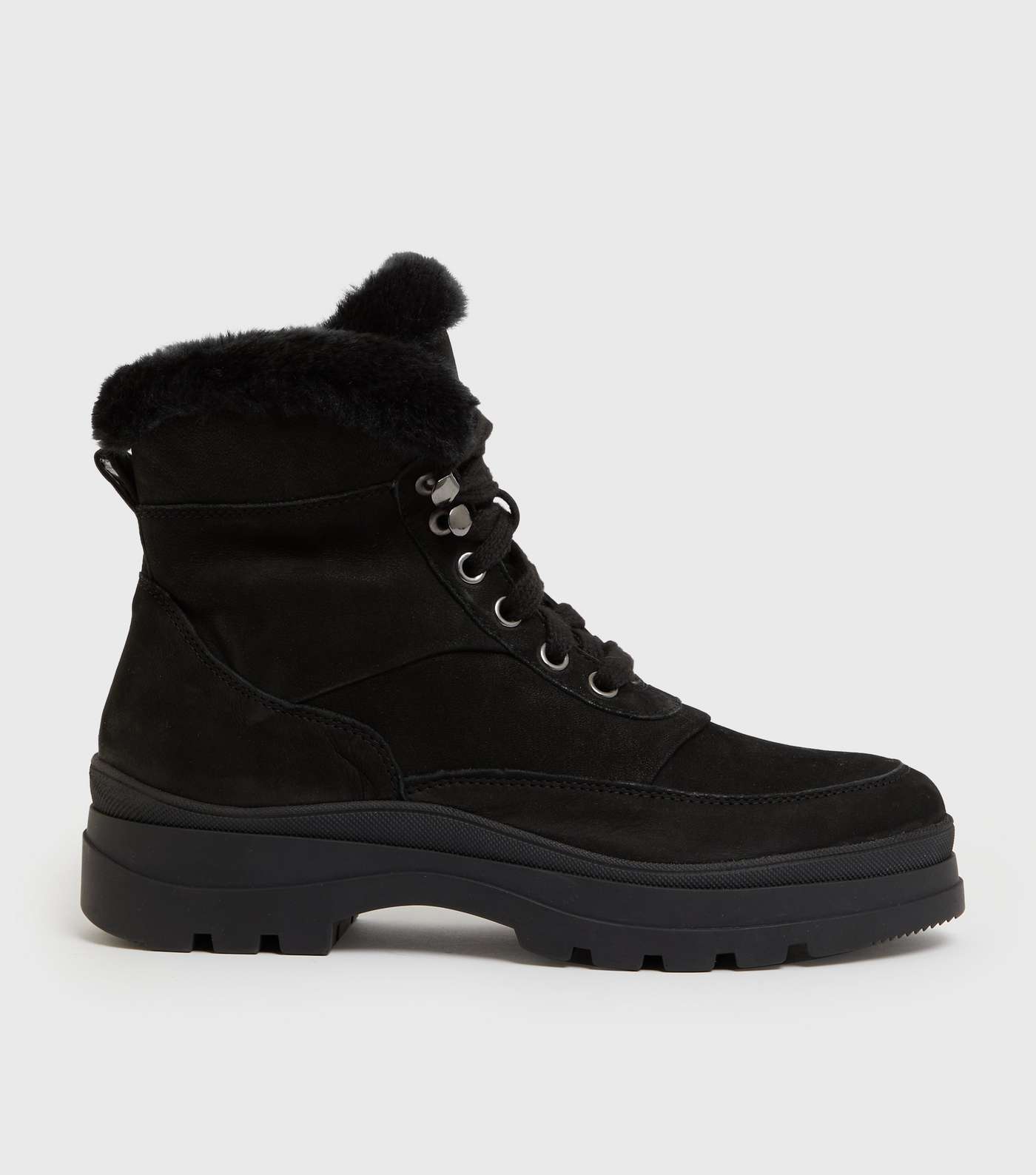 Black Leather Faux Fur Trim Hiker Boots