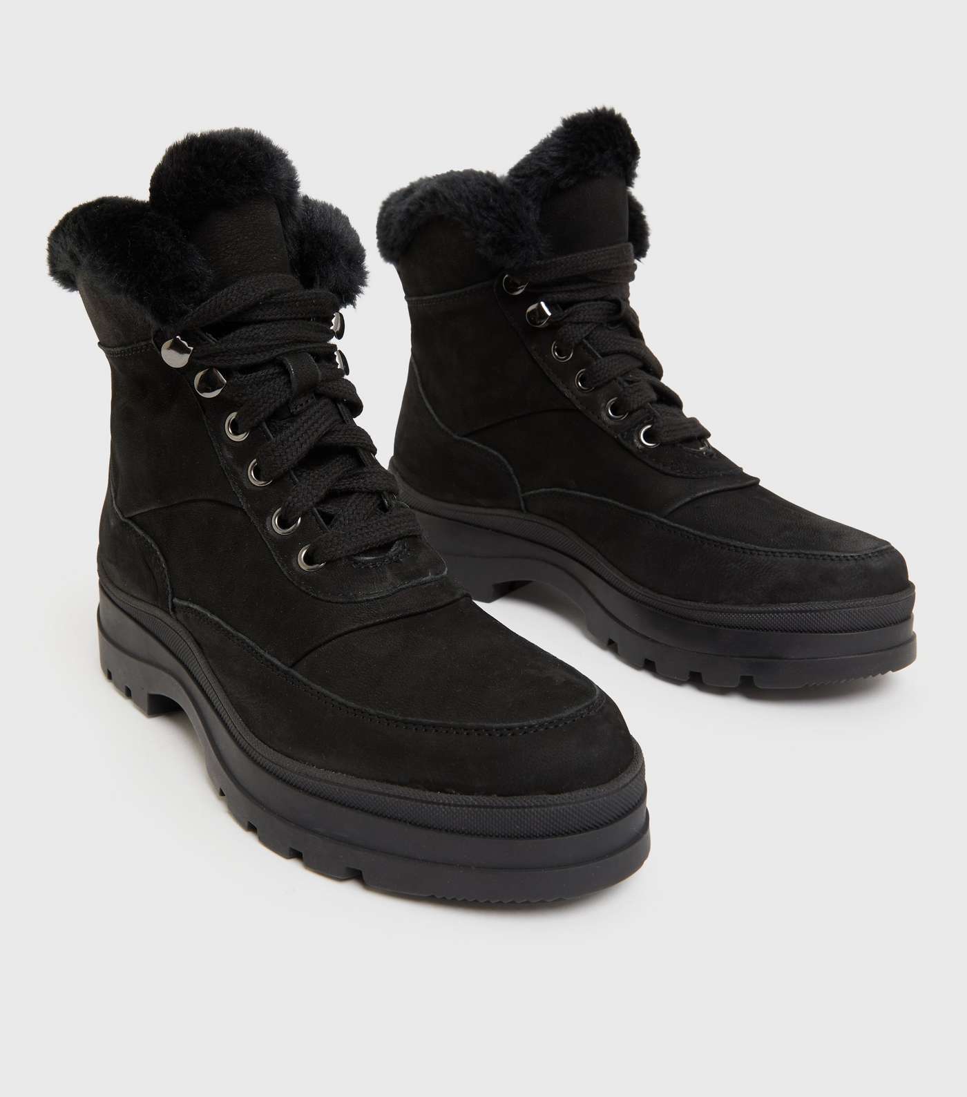 Black Leather Faux Fur Trim Hiker Boots Image 3