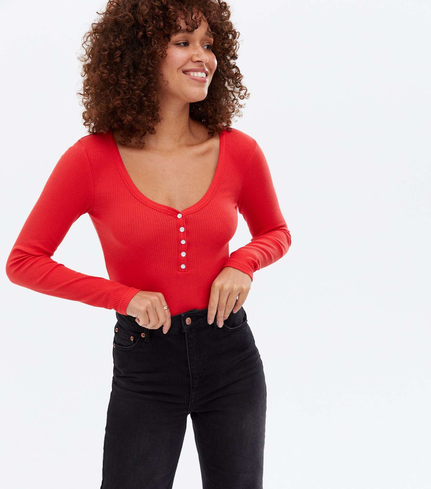 Red Ribbed Faux Pearl Button Bodysuit