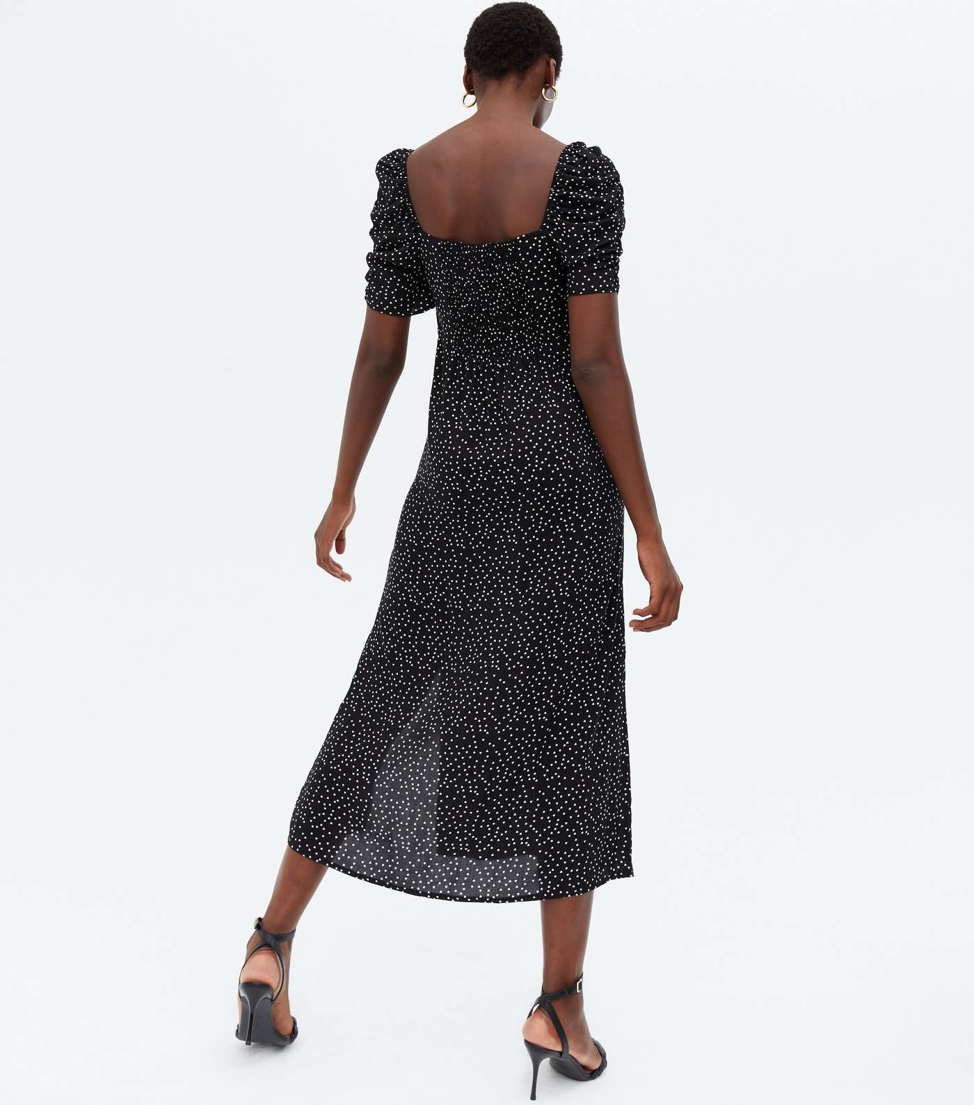 Tall Black Spot Ruched Puff Sleeve Midi Dress Image 4