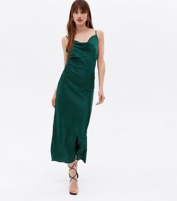 Damen Bekleidung Tall Dark Green Jacquard Spot Satin Cowl Neck Midi Dress