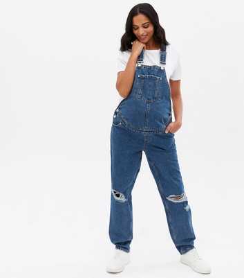 Maternity Blue Denim Ripped Knee Dungarees