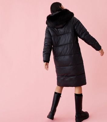 black wet look long puffer coat