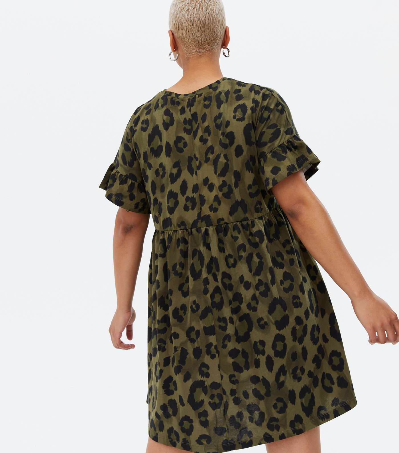 Curves Khaki Leopard Print Frill Sleeve Dress Image 4