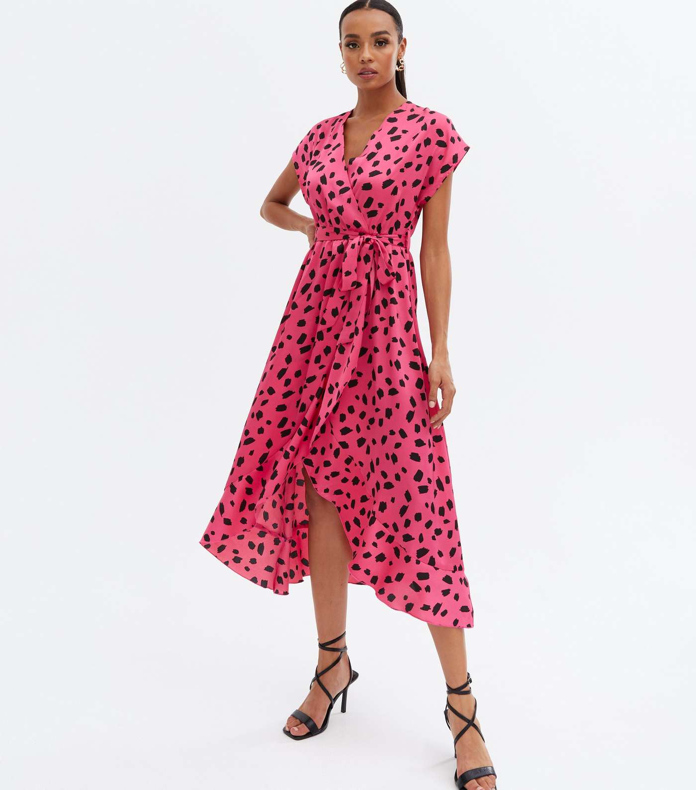 Pink Abstract Spot Satin Ruffle Midi Wrap Dress
