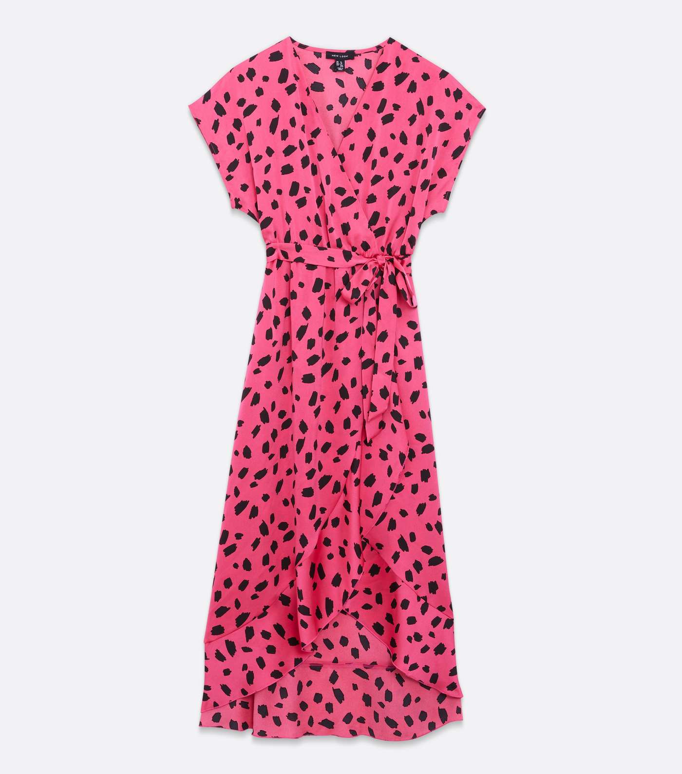 Pink Abstract Spot Satin Ruffle Midi Wrap Dress Image 5