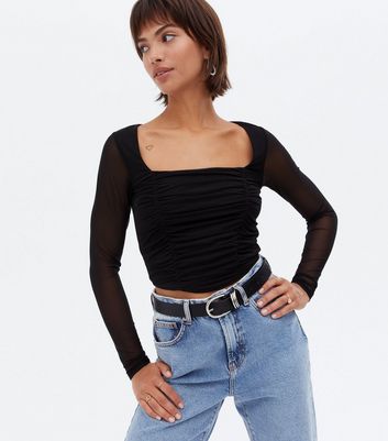 square neck long sleeve black top