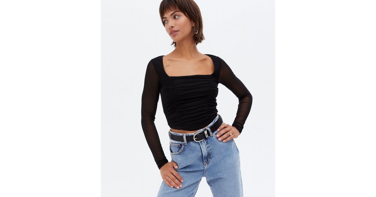 Square Neck Mesh Top Black