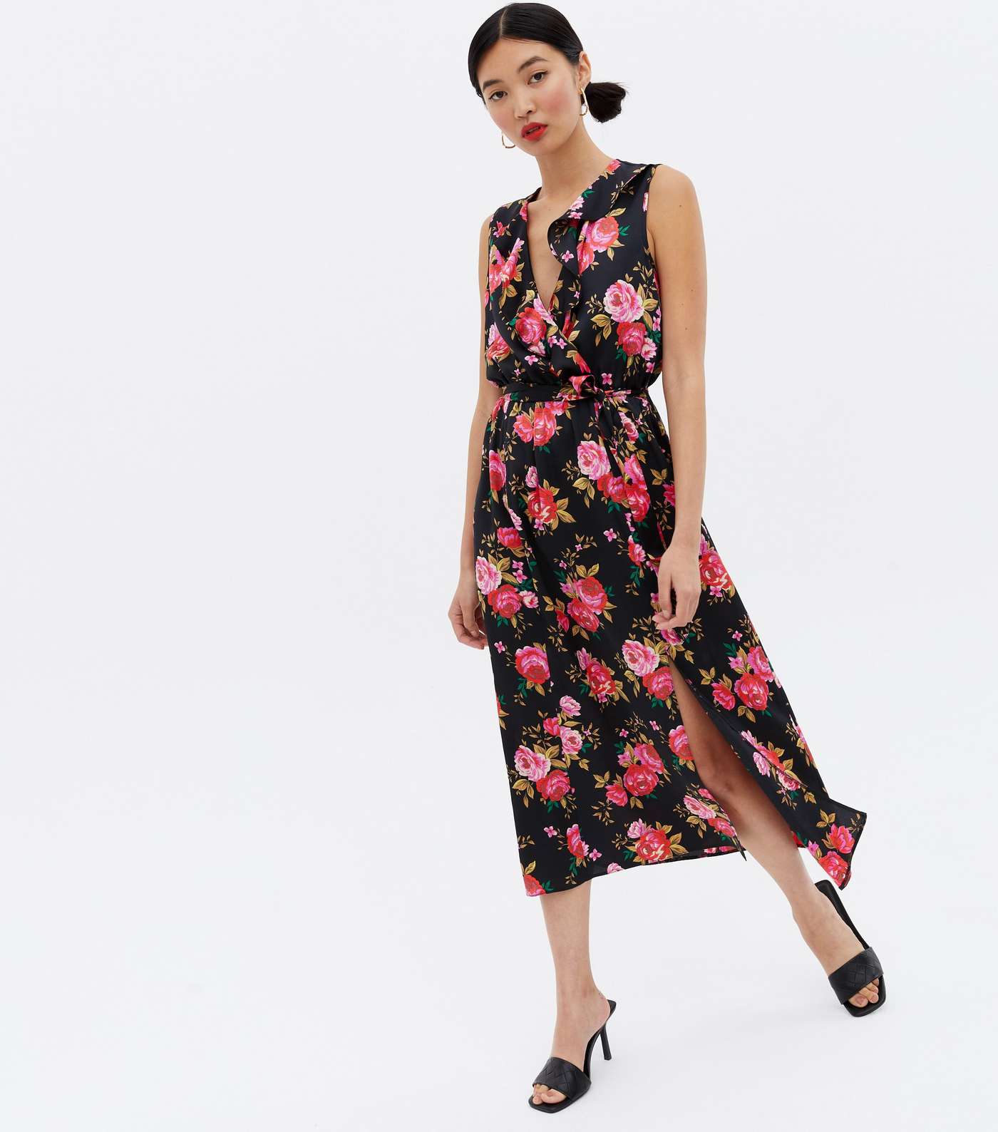 Black Floral Satin Sleeveless Midi Wrap Dress