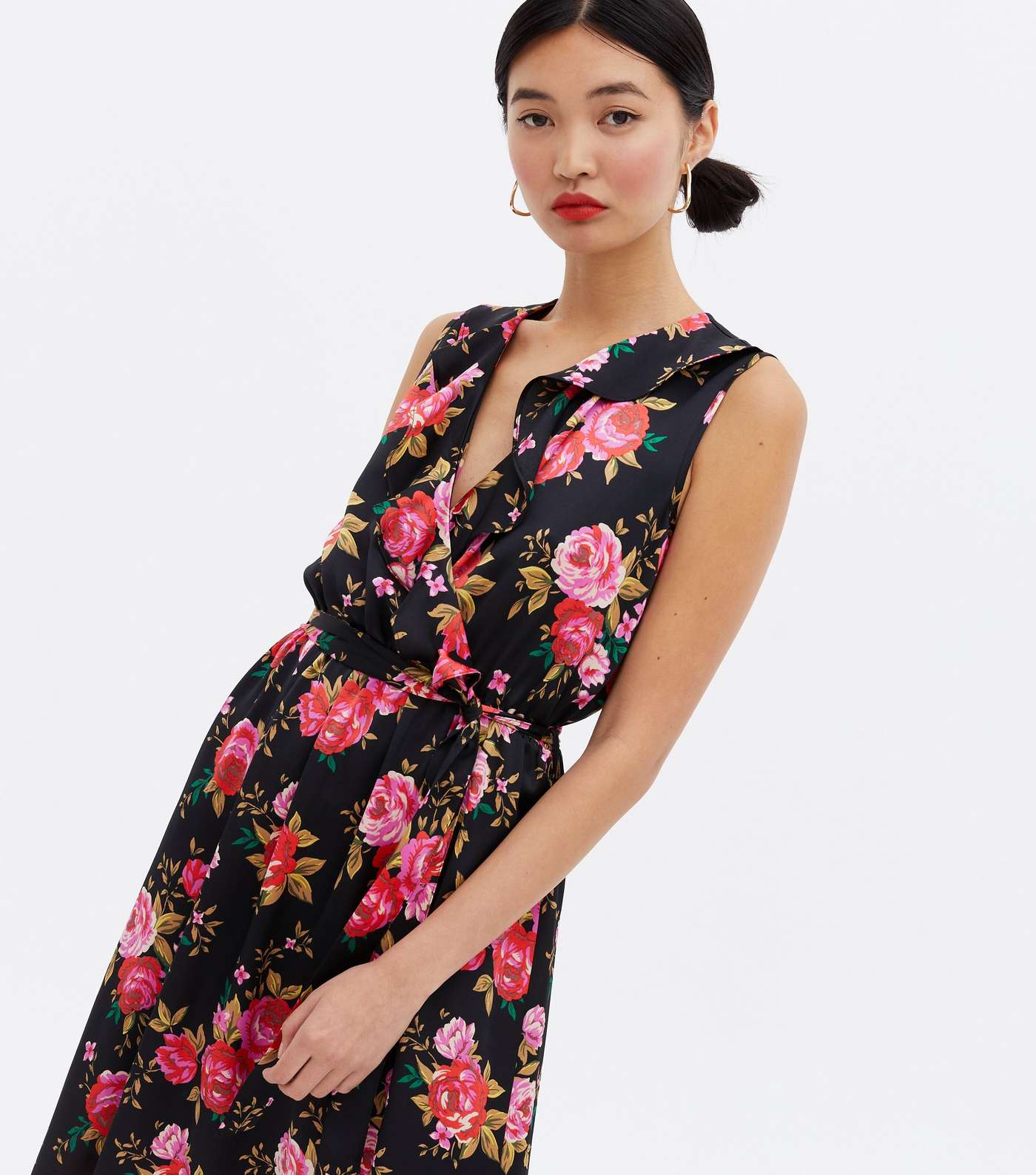 Black Floral Satin Sleeveless Midi Wrap Dress Image 3