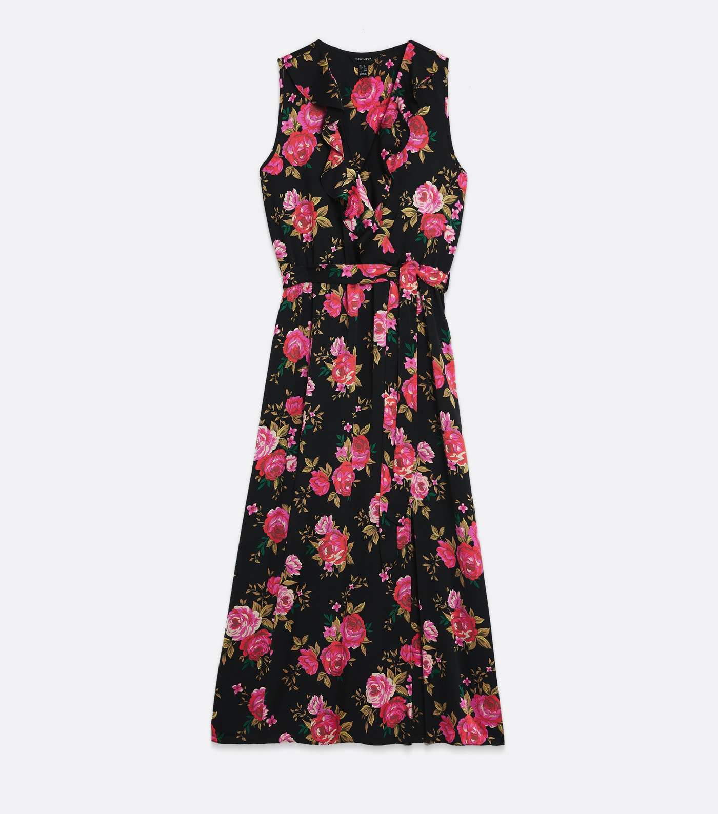 Black Floral Satin Sleeveless Midi Wrap Dress Image 5