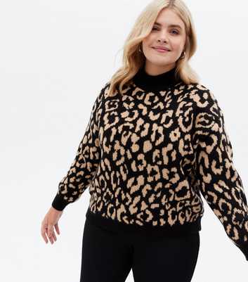 Curves Black Leopard Print High Neck Jumper