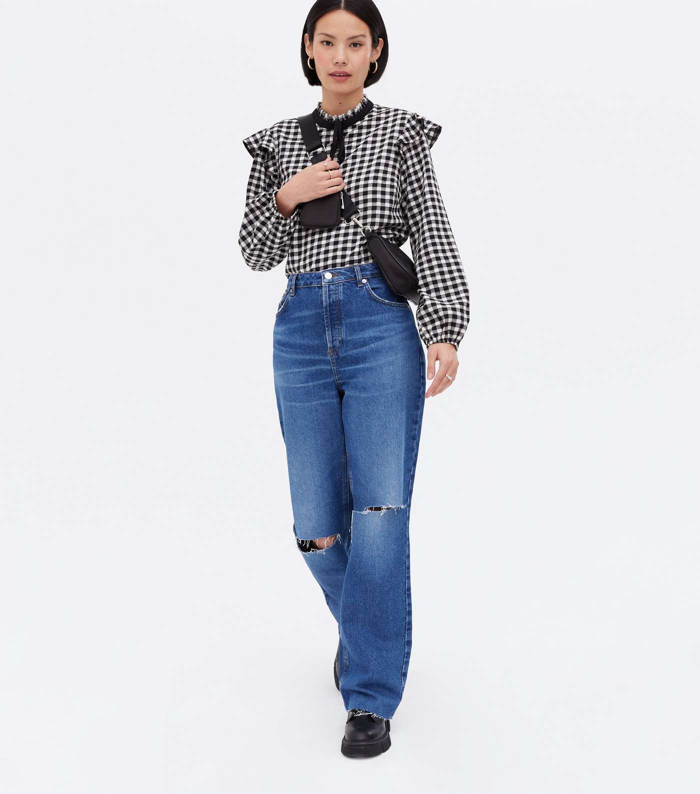 Black Check Tie High Neck Frill Blouse Image 2