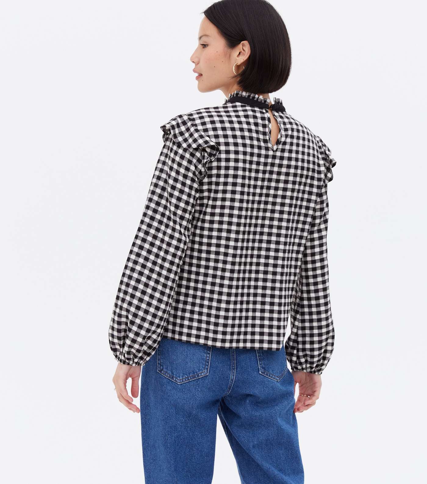 Black Check Tie High Neck Frill Blouse Image 4
