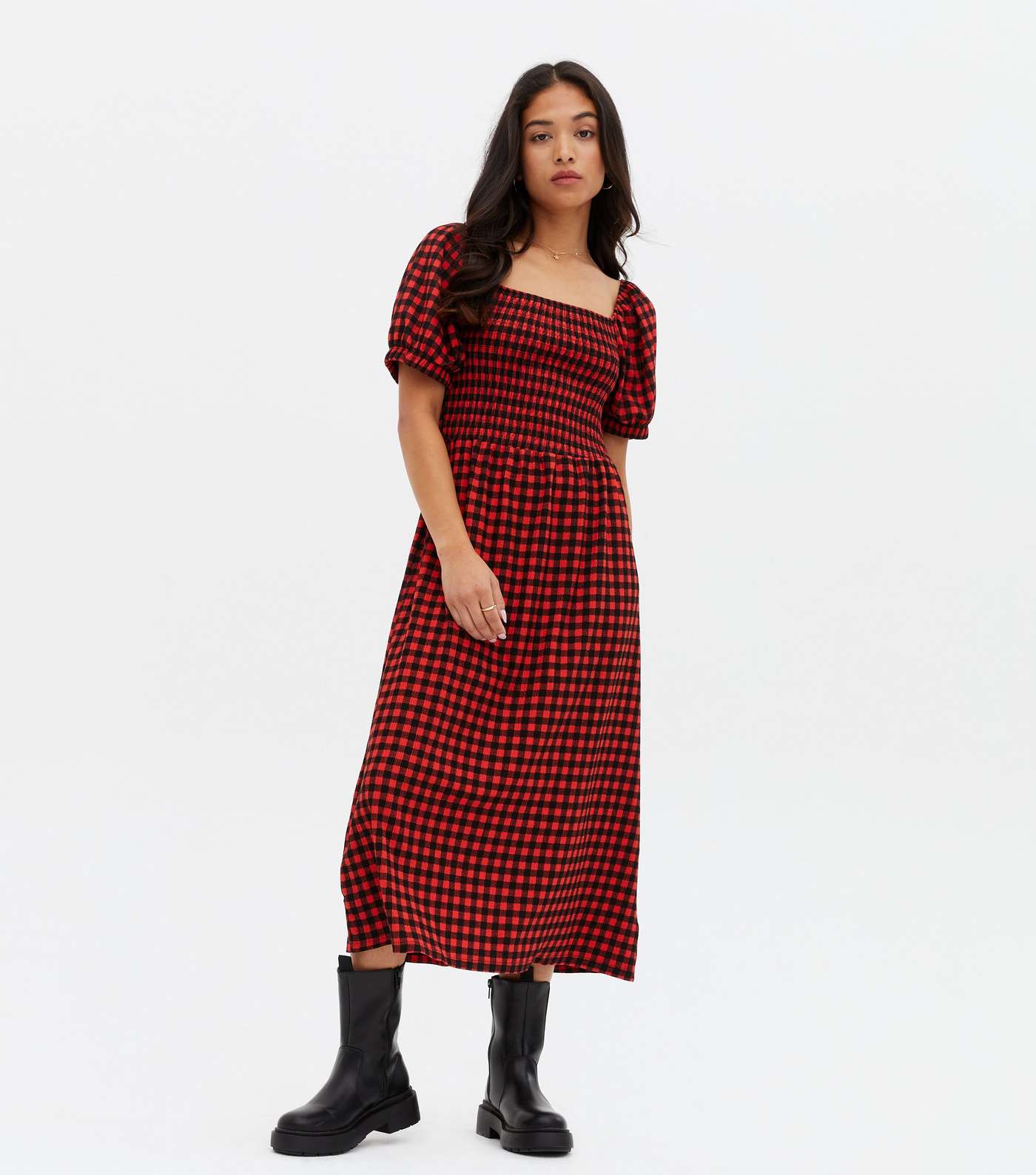 Petite Red Gingham Jersey Square Neck Midi Dress