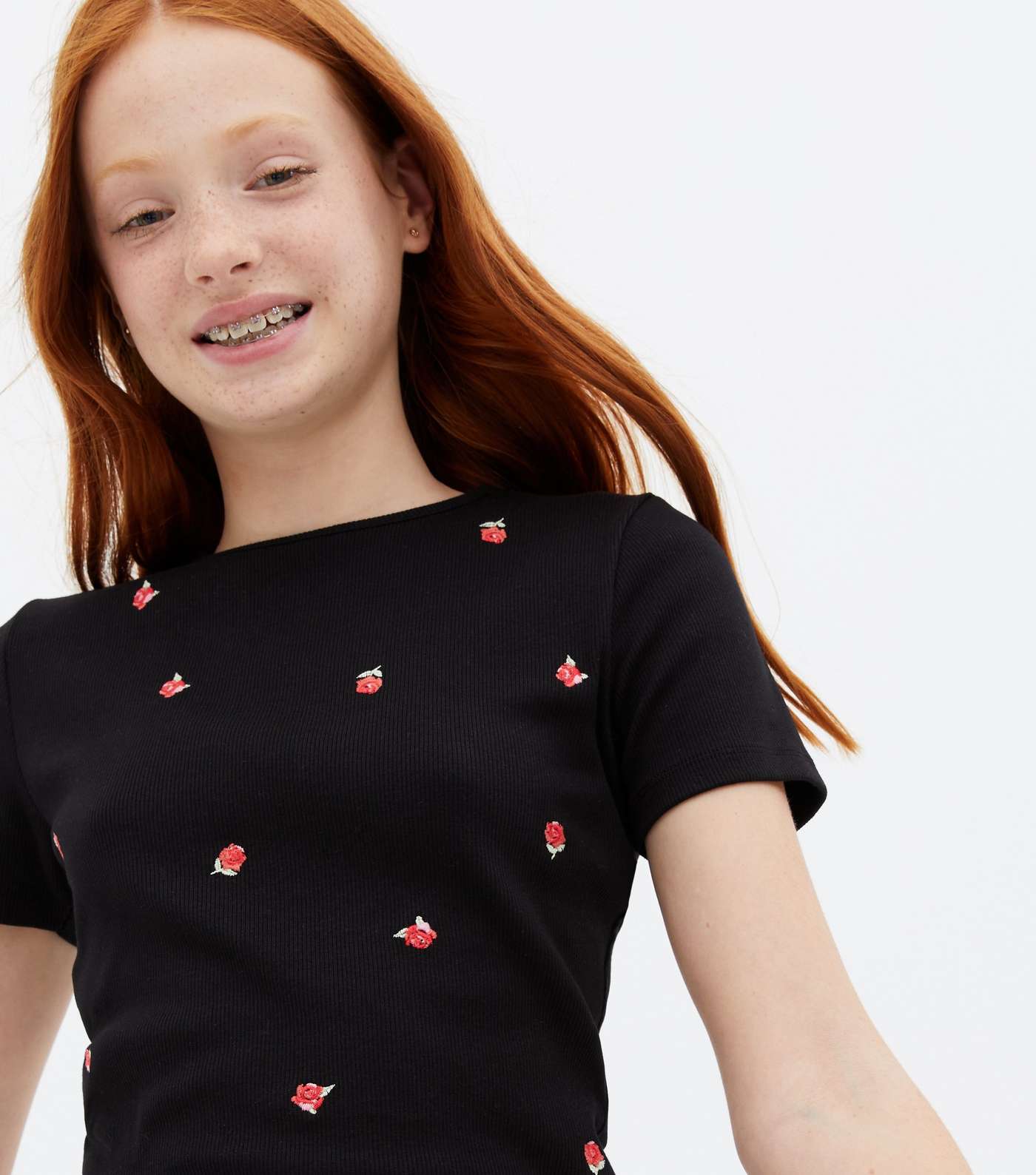 Girls Black Rose Ribbed T-Shirt Image 3