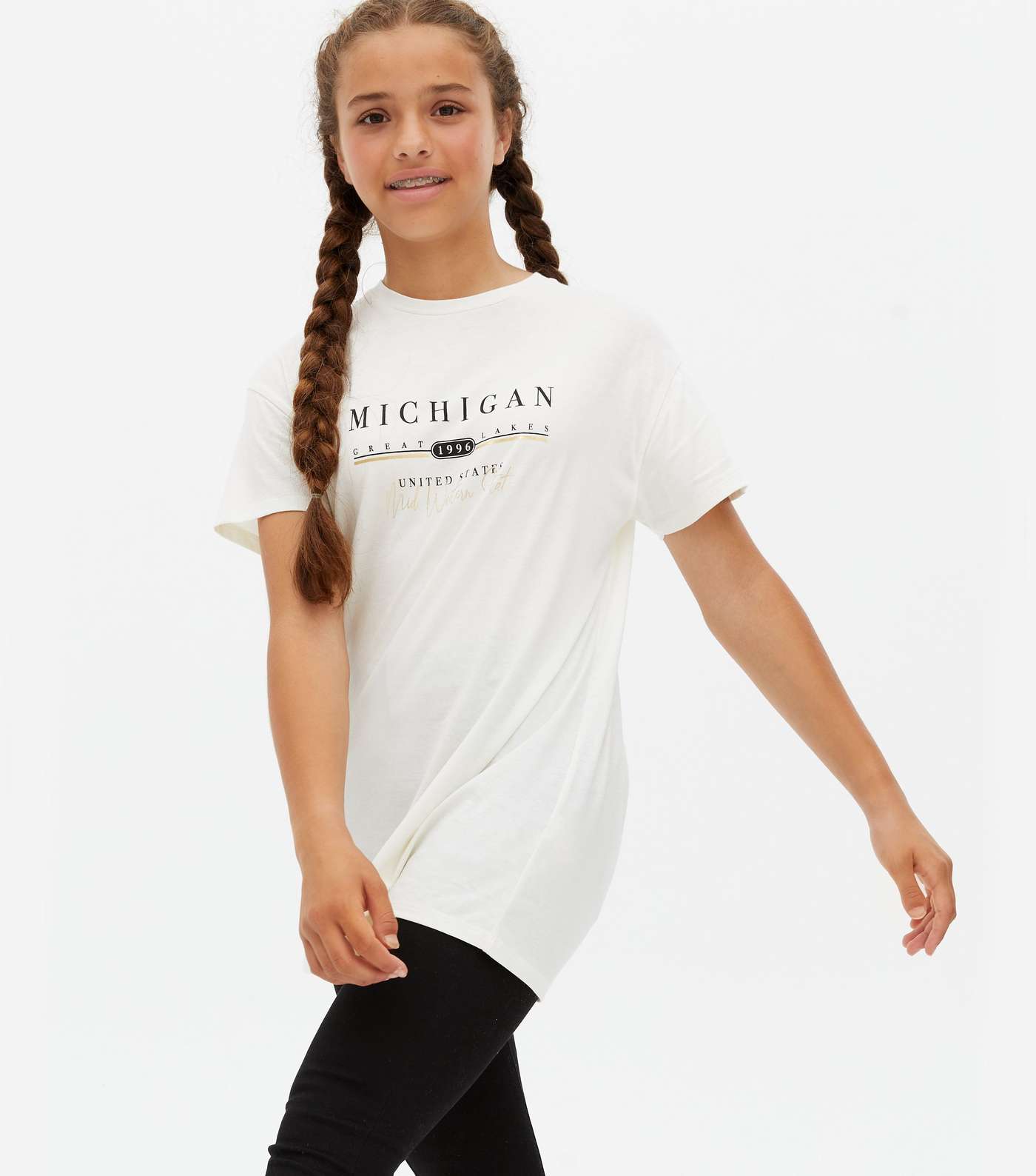 Girls White Michigan Metallic Logo Long T-Shirt