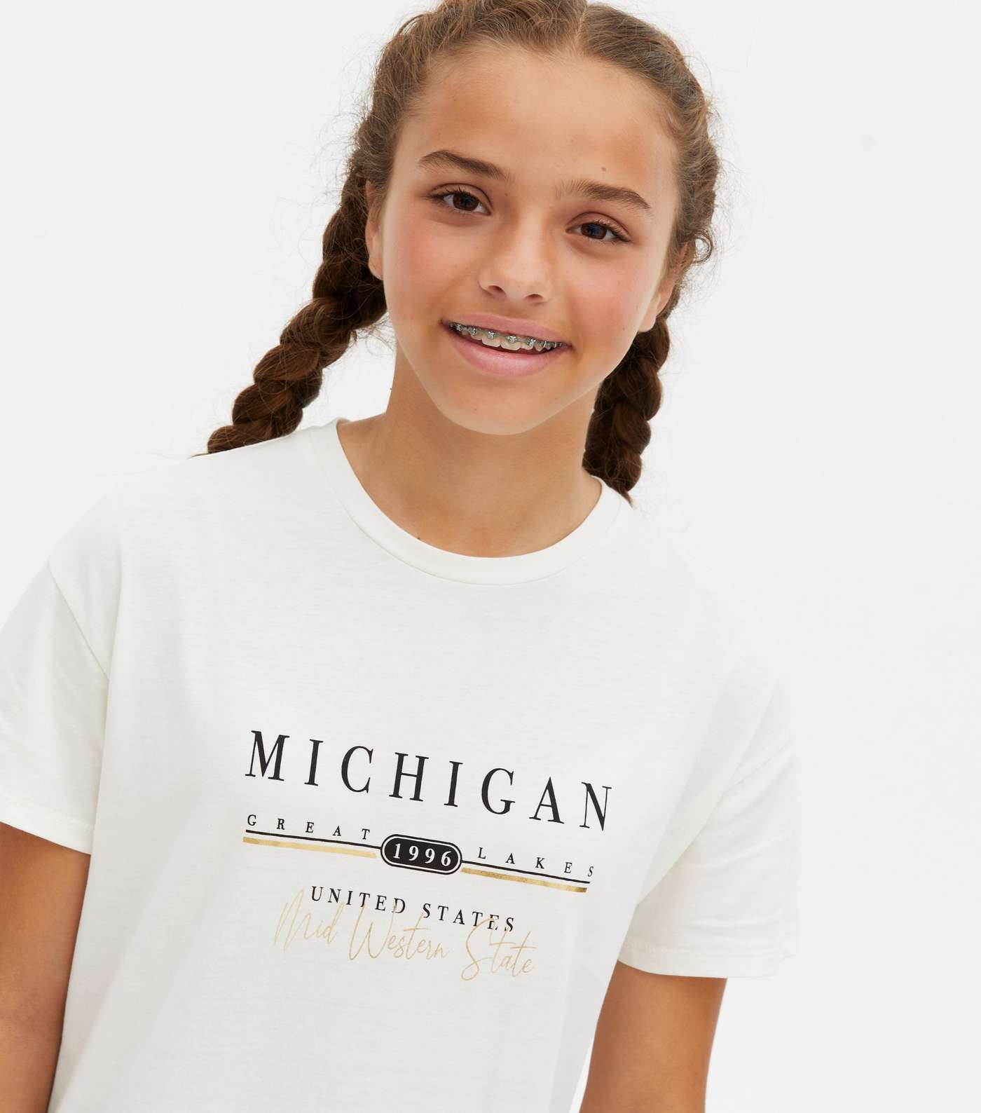 Girls White Michigan Metallic Logo Long T-Shirt Image 3