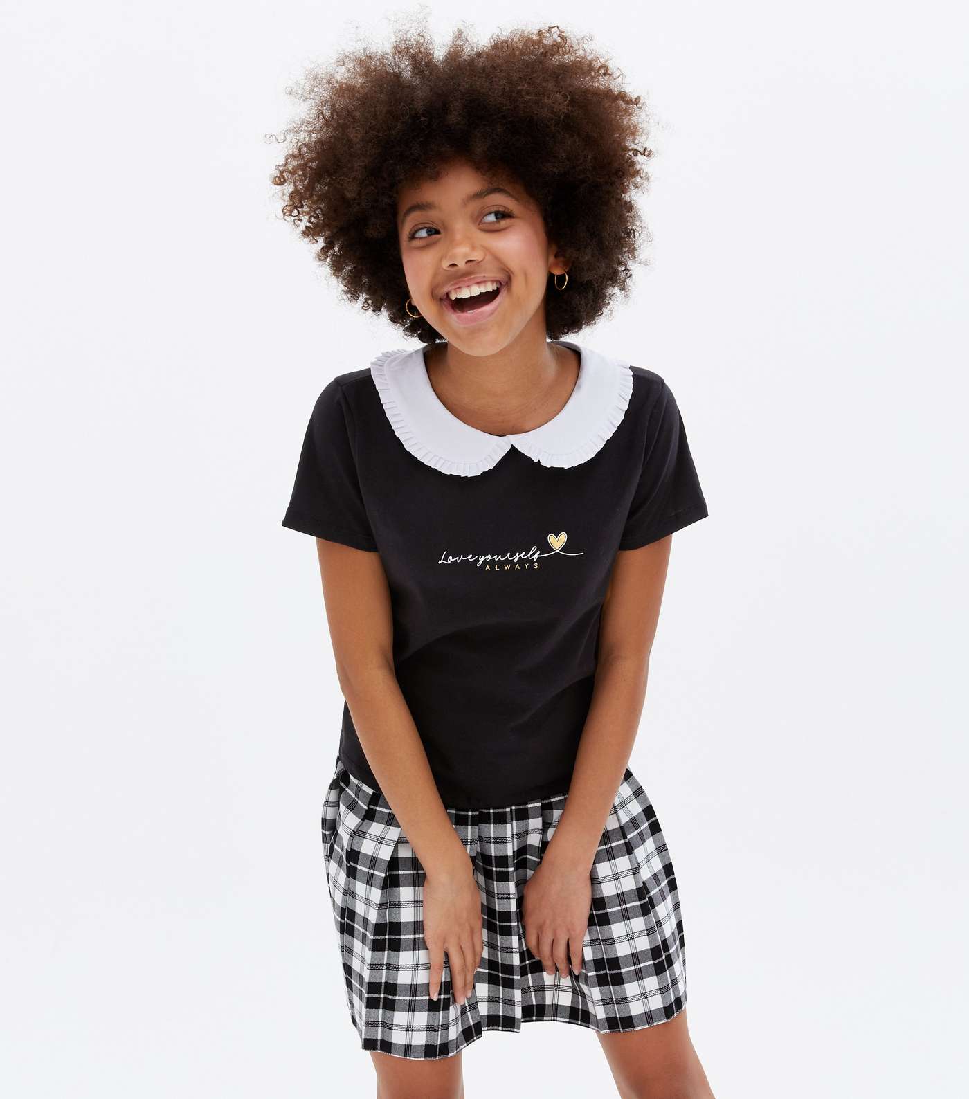 Girls Black Love Yourself Logo Collared T-Shirt