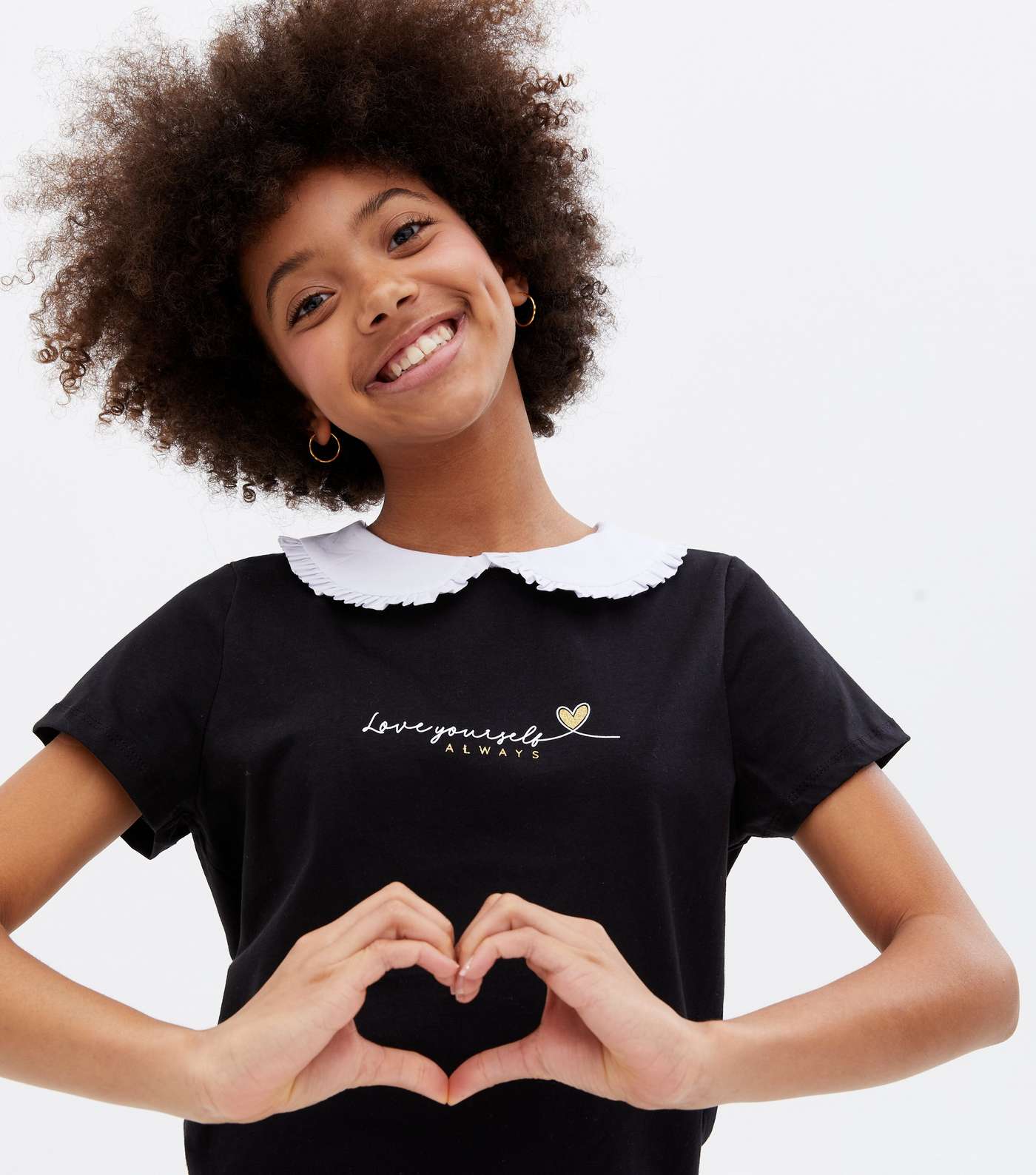 Girls Black Love Yourself Logo Collared T-Shirt Image 3