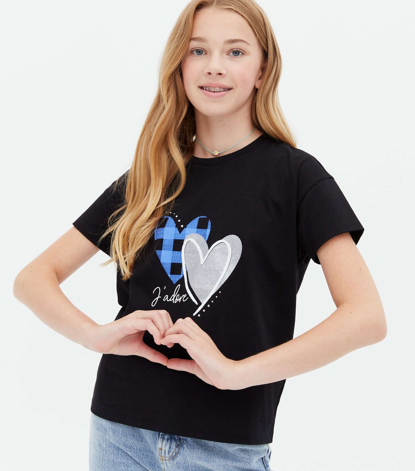 Girls Black Check Glitter Double Heart Logo T-Shirt