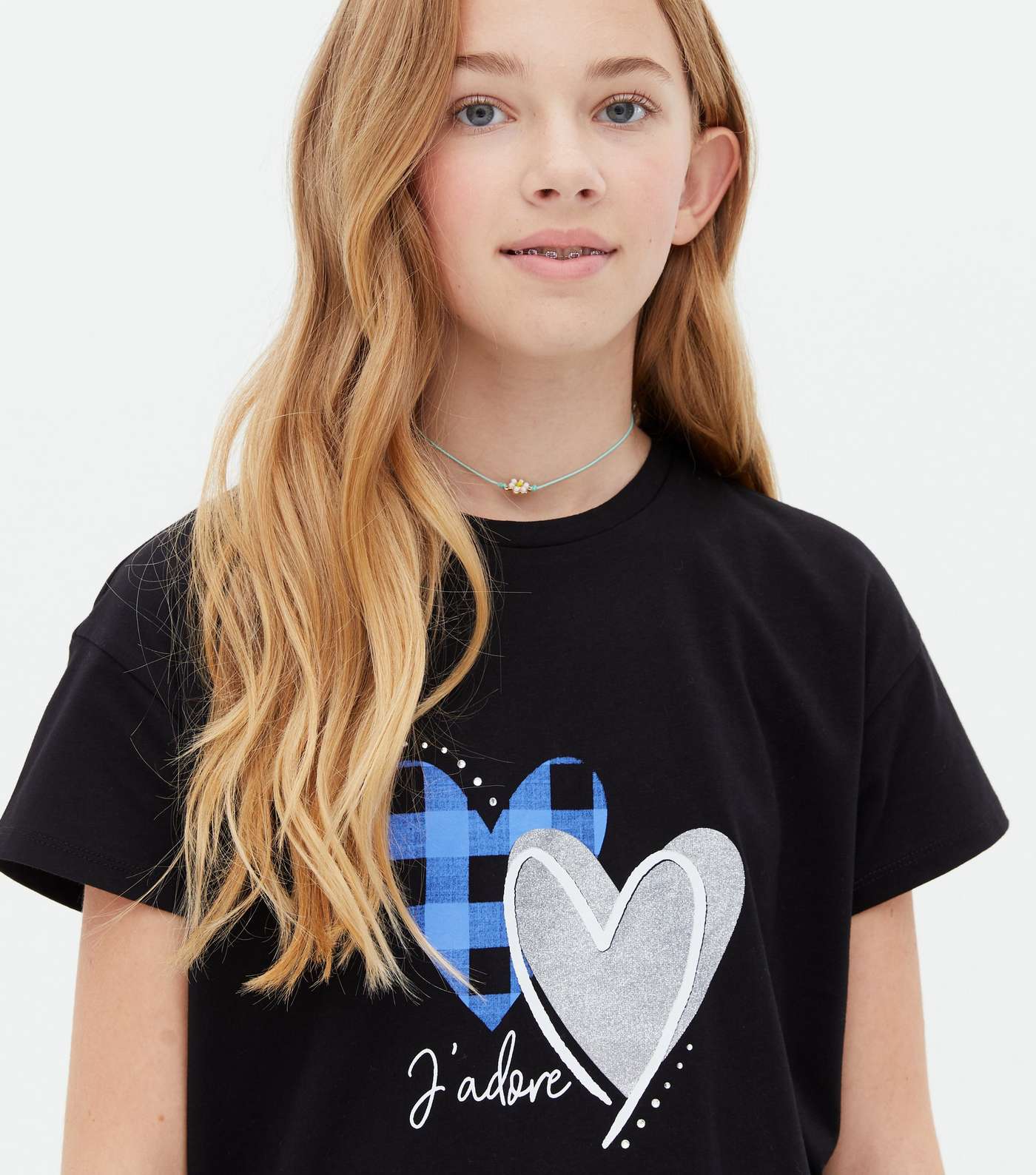 Girls Black Check Glitter Double Heart Logo T-Shirt Image 3