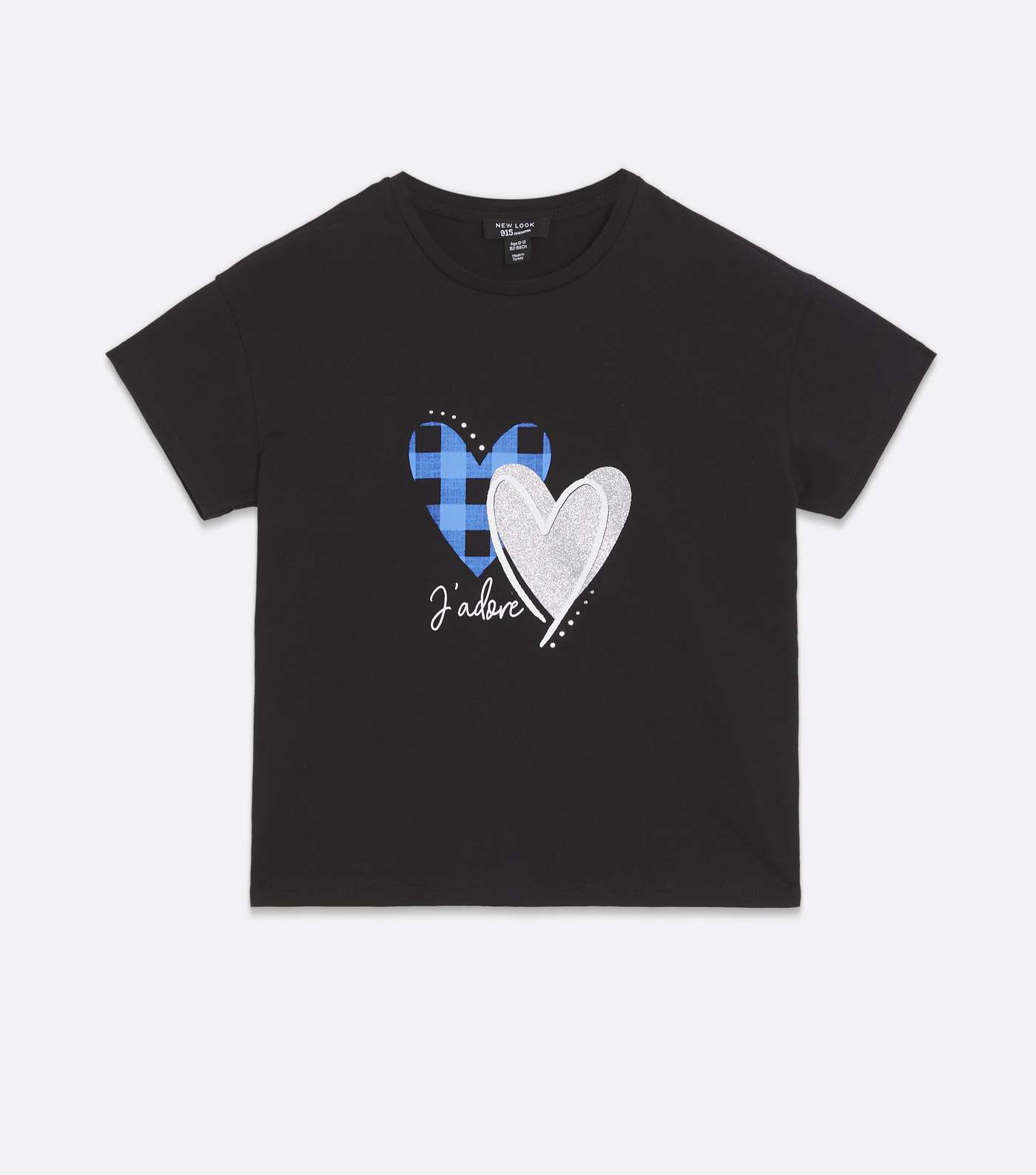 Girls Black Check Glitter Double Heart Logo T-Shirt Image 5