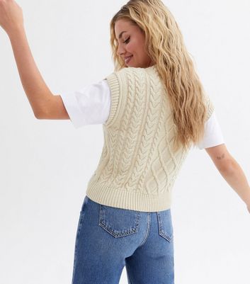 Cream Cable Knit Crop Vest Jumper New Look