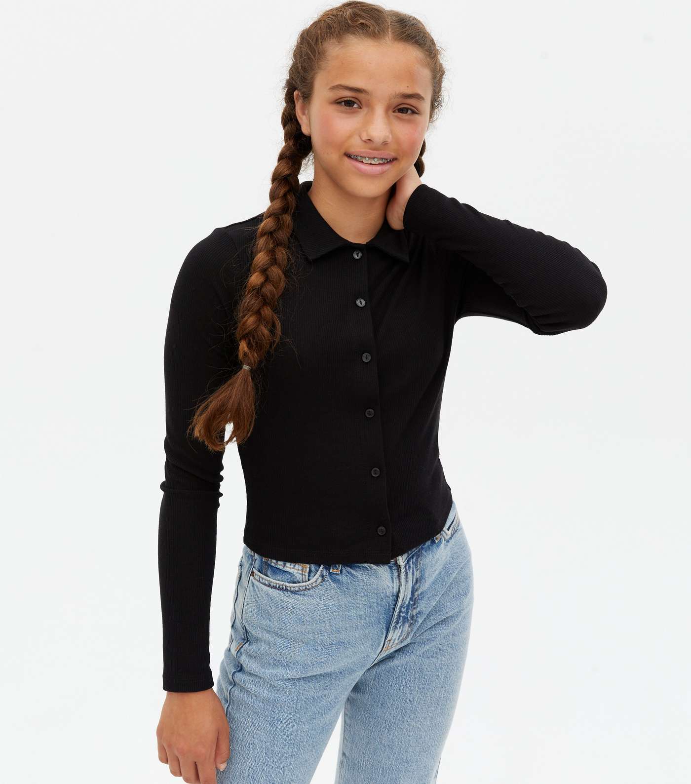 Girls Black Ribbed Collared Long Sleeve Top