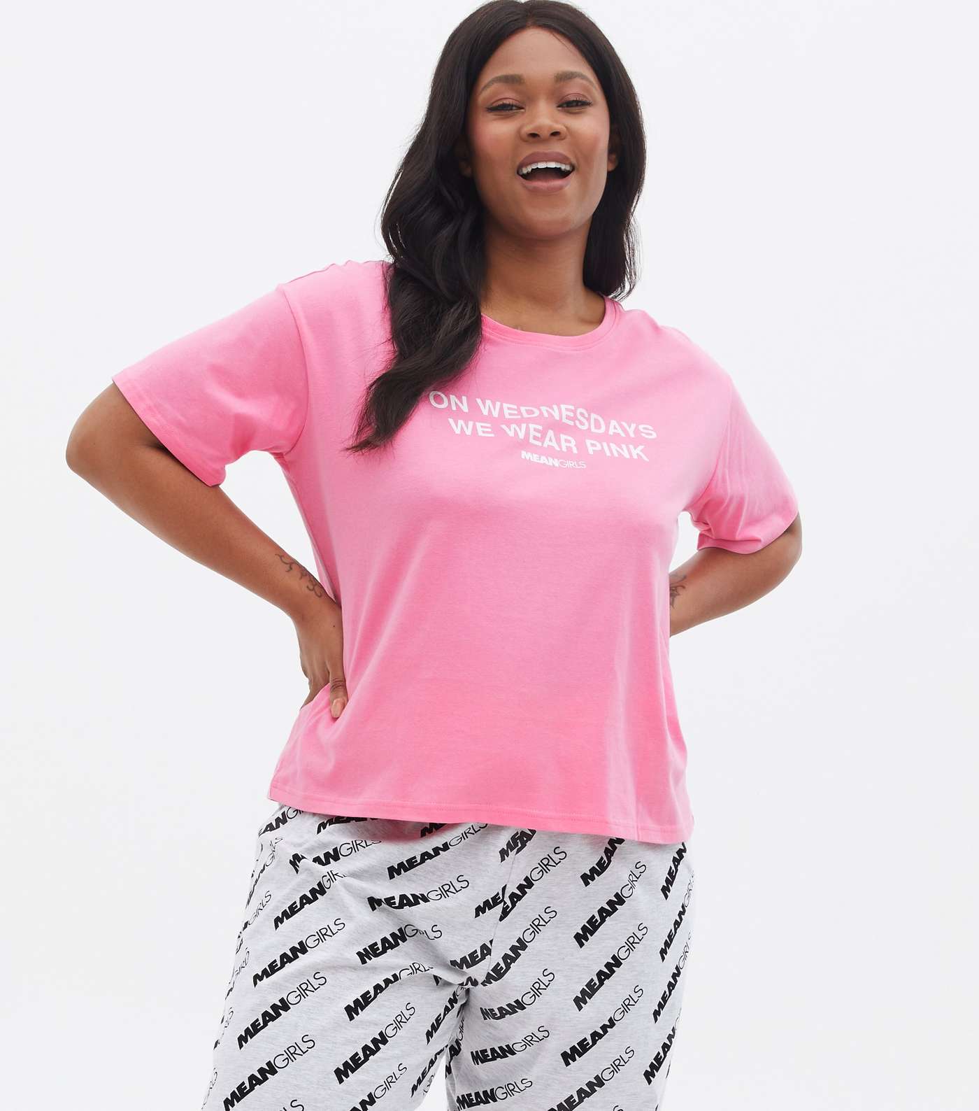 Curves Pink Jogger Pyjama Set with Mean Girls Logo Image 2