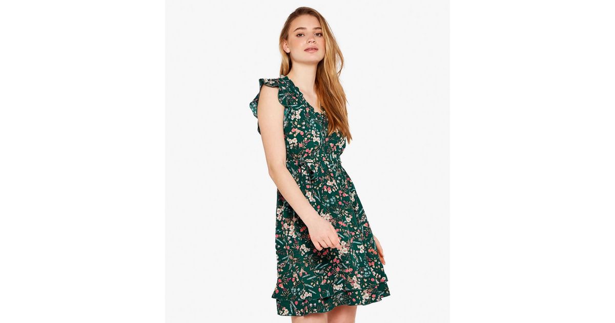 Apricot Green Ditsy Floral Frill Mini Dress New Look