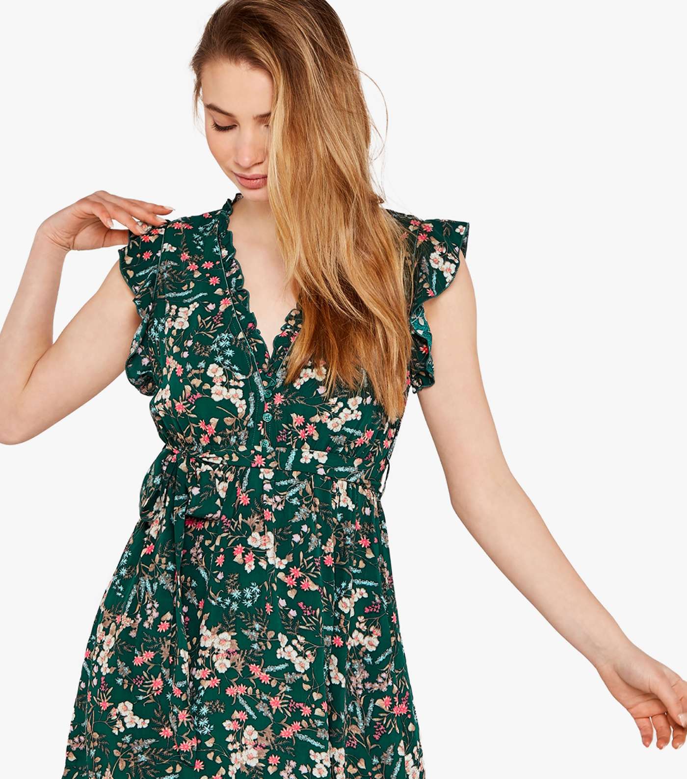 Apricot Green Ditsy Floral Frill Mini Dress Image 2