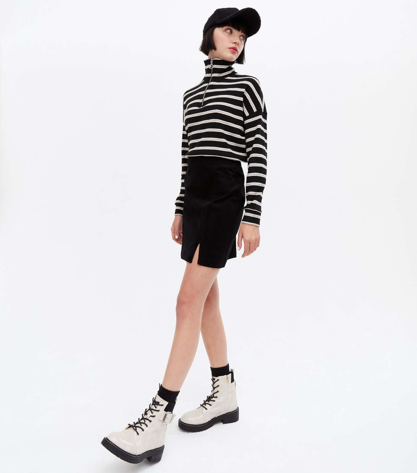 Black Cord Split Hem Mini Skirt