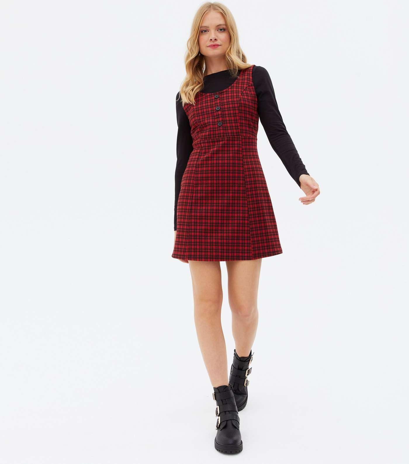 Red Check Button Front Scoop Neck Mini Pinafore Dress Image 2