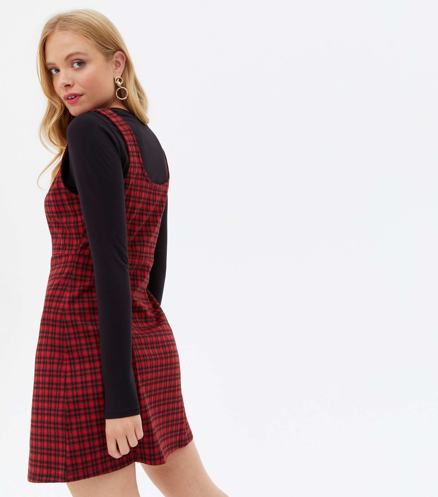Red Check Button Front Scoop Neck Mini Pinafore Dress Image 4