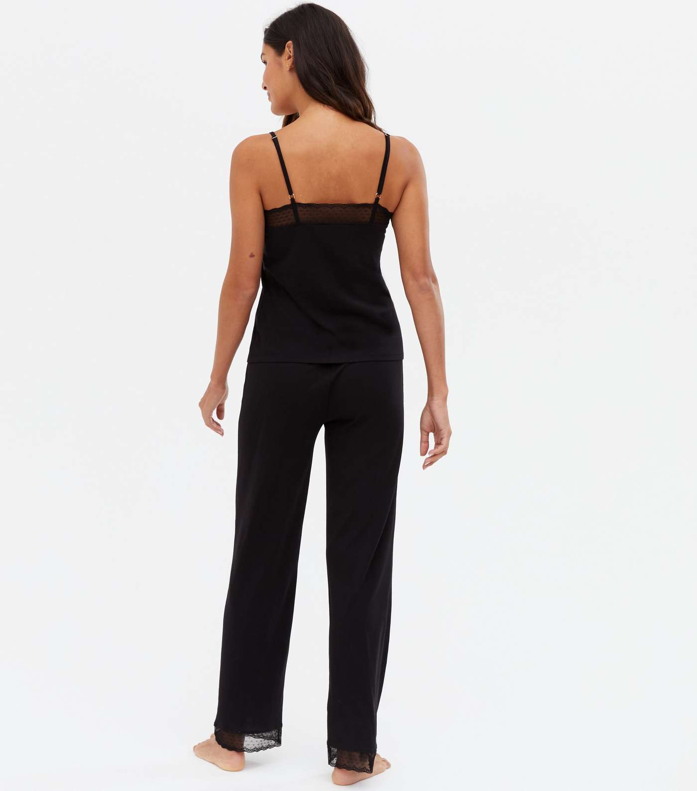 Black Cami and Trouser Pyjama Set with Spot Lace Trim Image 4