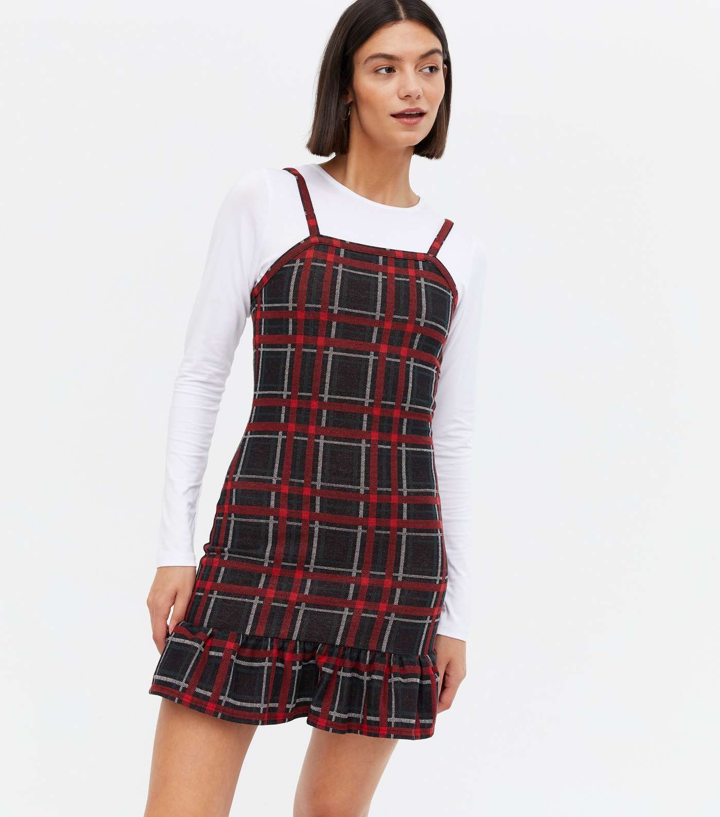 Wednesday's Girl Red Check 2-in-1 Frill Pinafore Dress