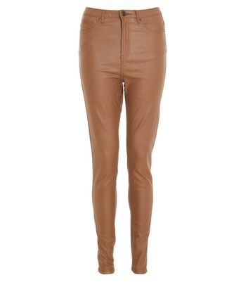 QUIZ Camel Leather-Look Trousers | New Look