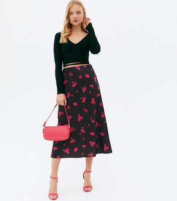 Black Floral Satin Bias Cut Midi Skirt | New Look