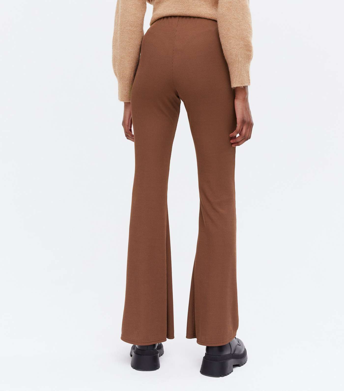 Dark Brown Ribbed Split Front Flared Trousers Image 4