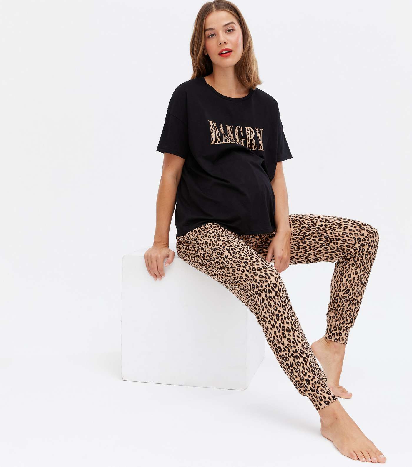 Maternity Black Leopard Print Jogger Pyjama Set with Hangry Logo